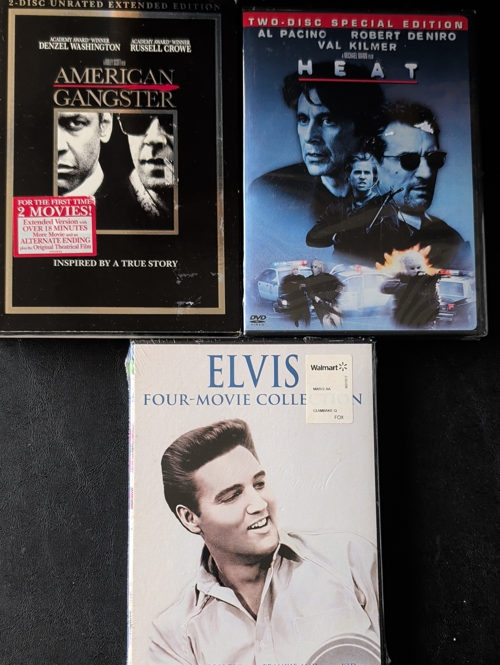 DVDs: Unopened. Heat, American Gangster, and Elvis 4 Movie Collection.